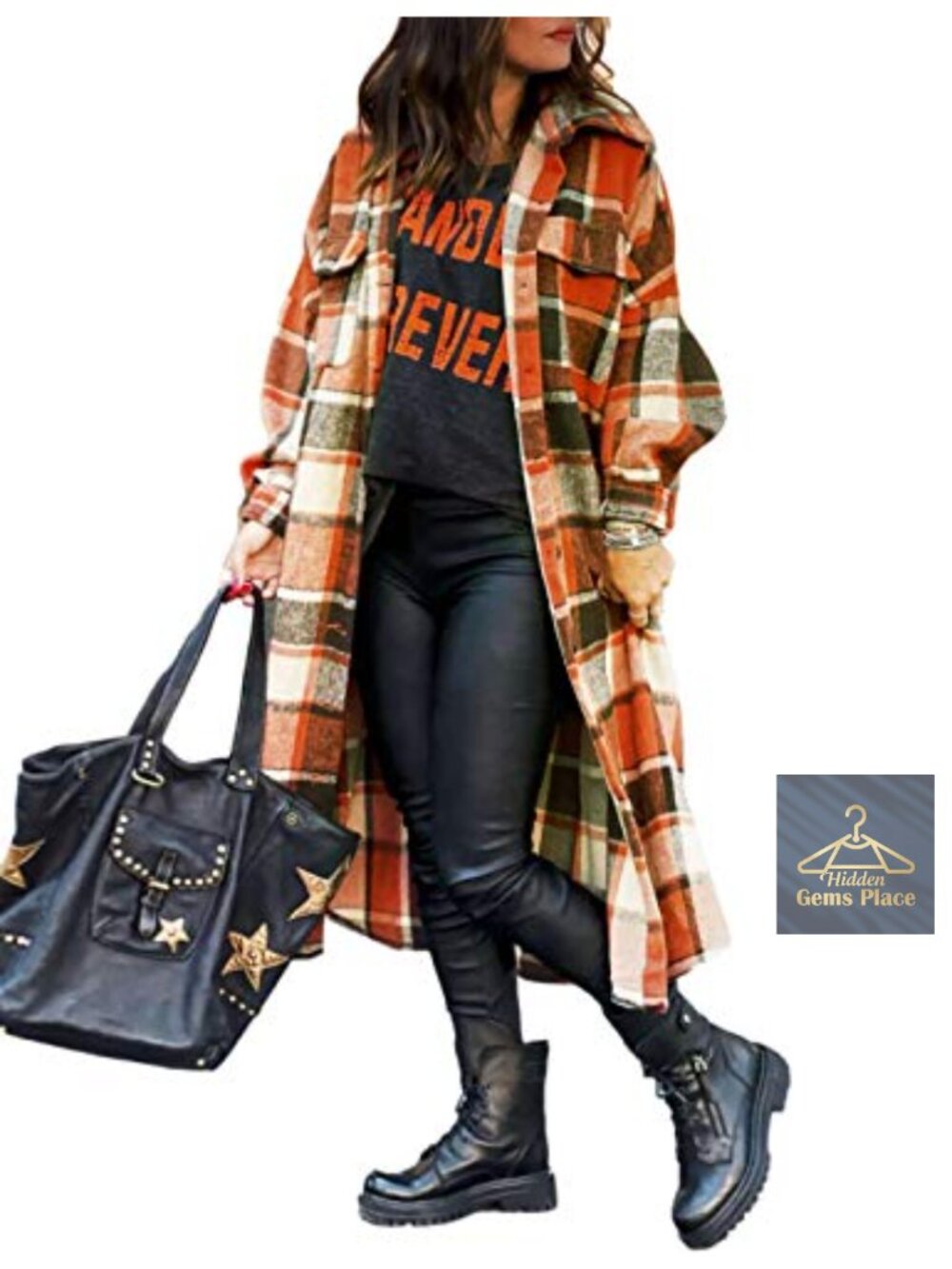 Women's Long Plaid Flannel Button Down Jacket Coat Fall